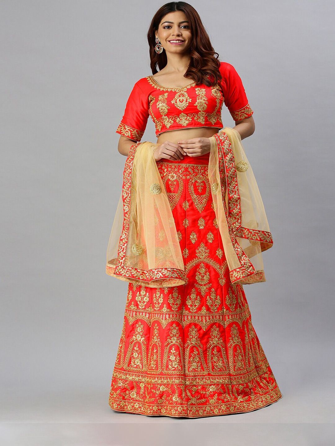 SHADOW & SAINING Red & Gold-Toned Embroidered Semi-Stitched Lehenga Unstitched Blouse With Dupatta Price in India