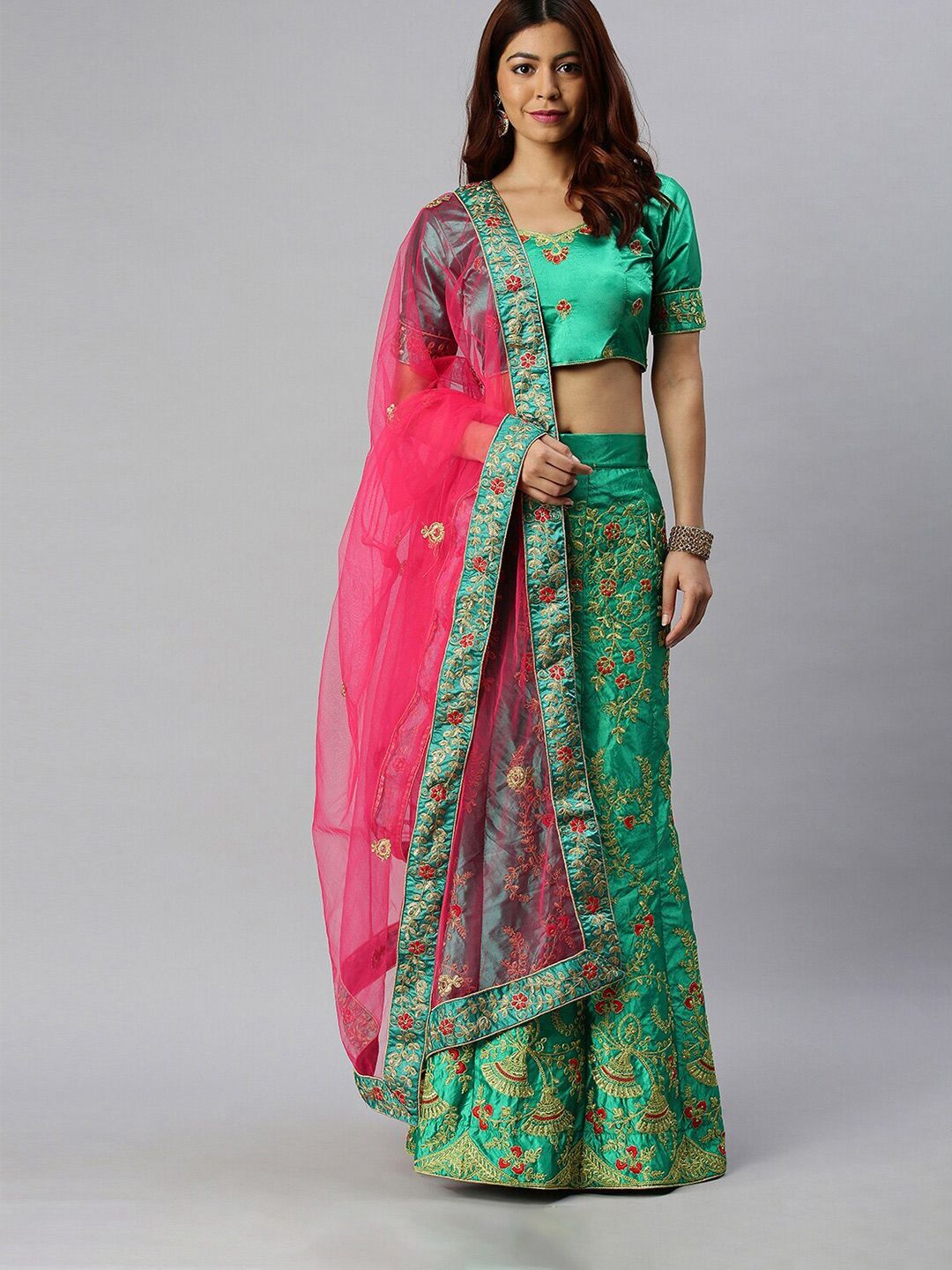 SHADOW & SAINING Green & Pink Embroidered Semi-Stitched Lehenga Unstitched Blouse With Dupatta Price in India