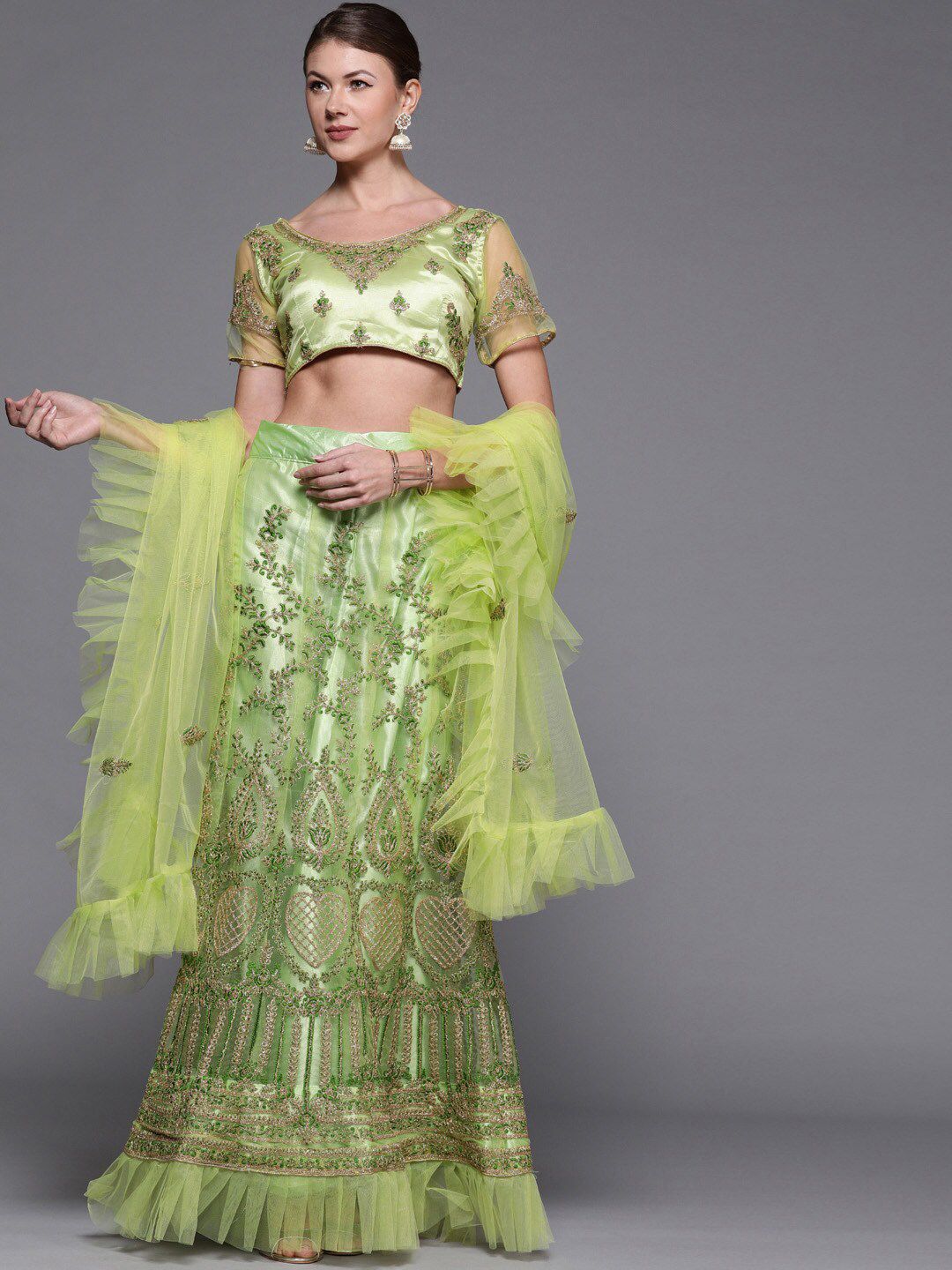 SHADOW & SAINING Green & Silver-Toned Embroidered Semi-Stitched Lehenga Unstitched Blouse With Dupatta Price in India