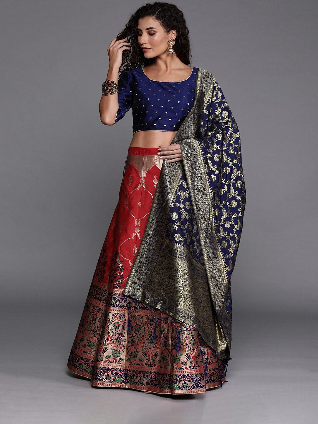 SHADOW & SAINING Red & Navy Blue Semi-Stitched Lehenga Unstitched Blouse With Dupatta Price in India