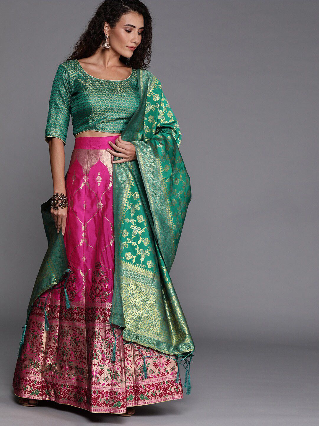 SHADOW & SAINING Pink & Green Semi-Stitched Lehenga Unstitched Blouse With Dupatta Price in India