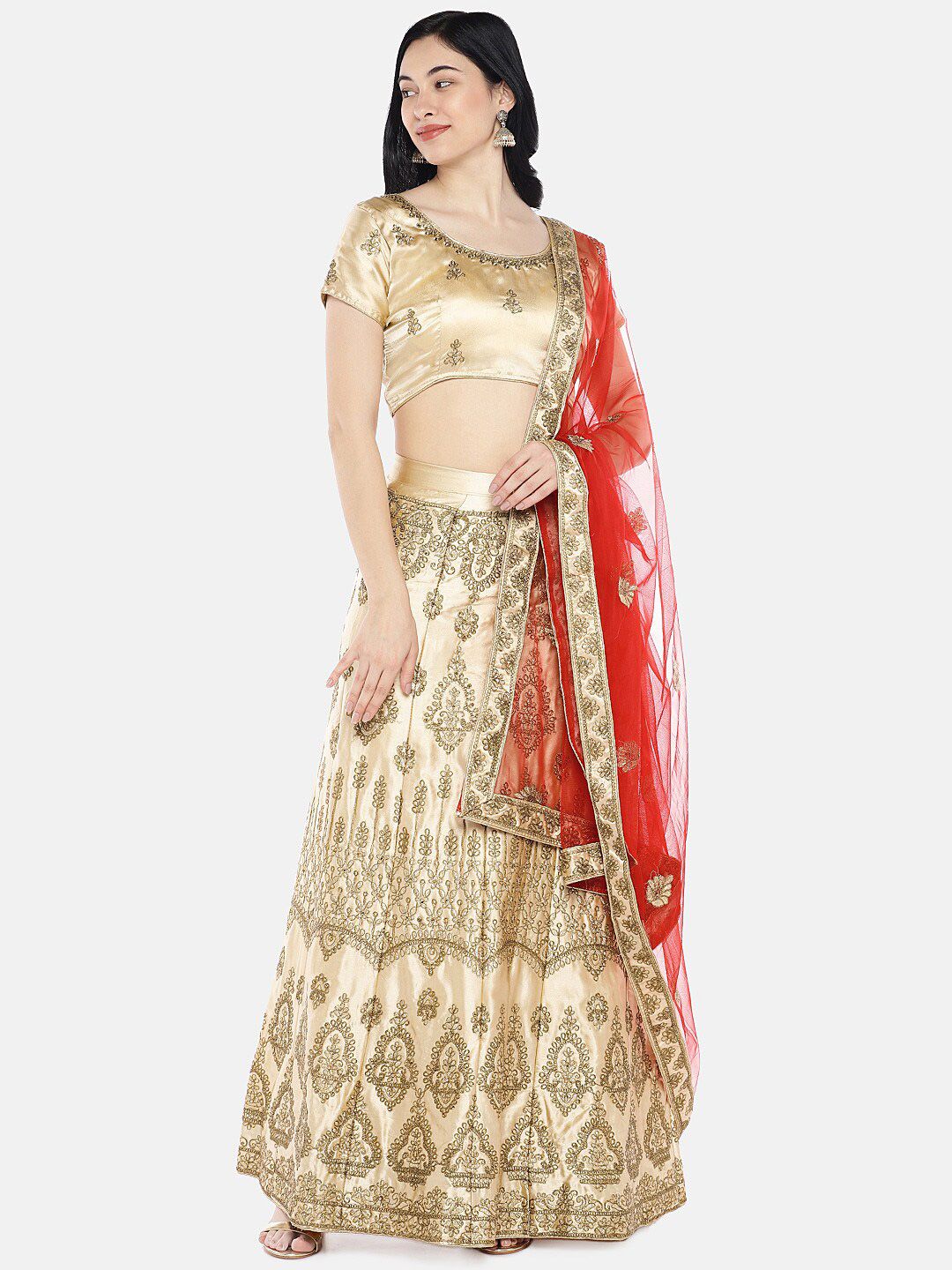 SHADOW & SAINING Gold-Toned & Red Embroidered Semi-Stitched Lehenga Unstitched Blouse With Dupatta Price in India