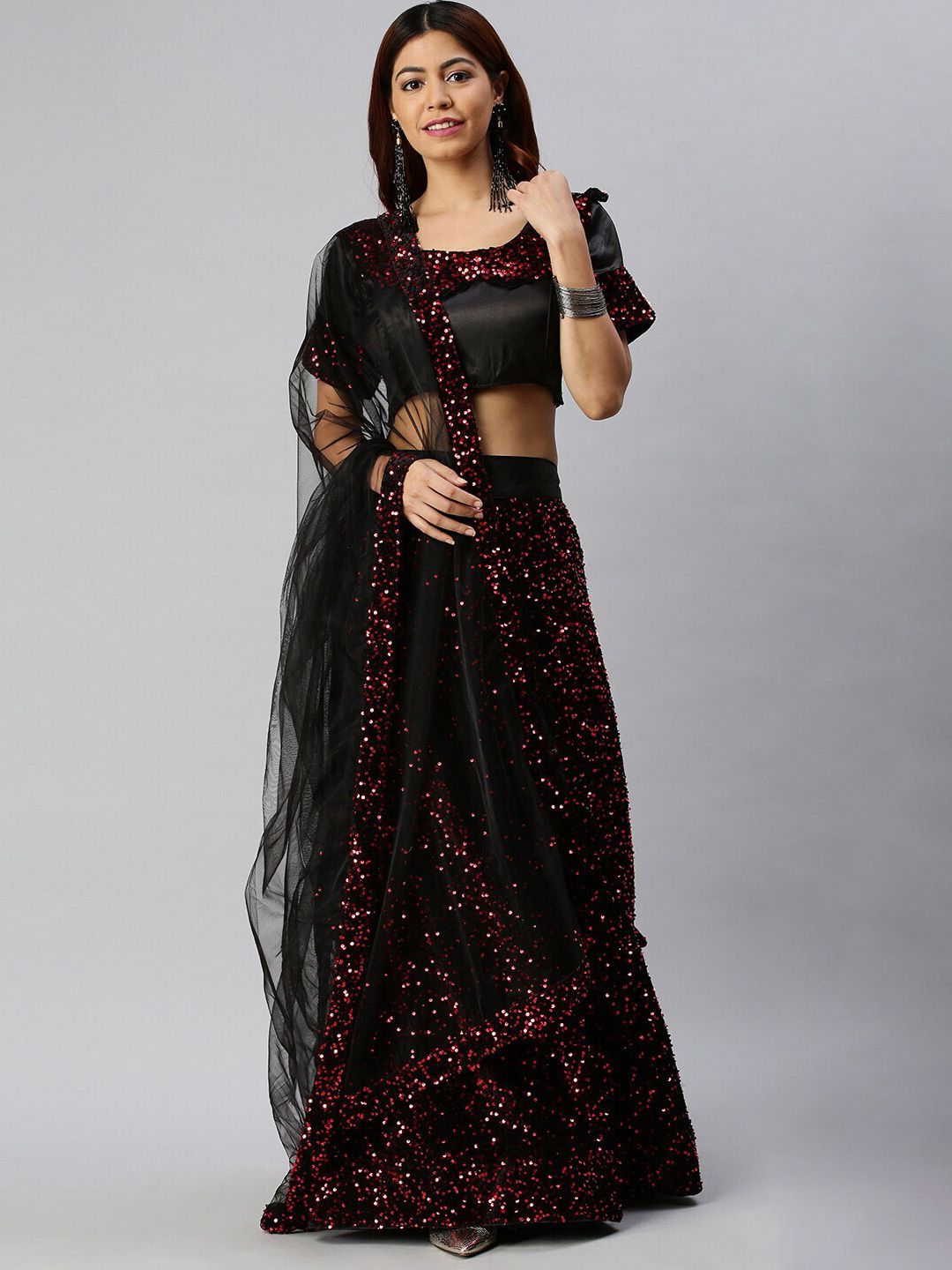 SHADOW & SAINING Black & Red Embellished Sequinned Semi-Stitched Lehenga Unstitched Blouse With Dupatta Price in India