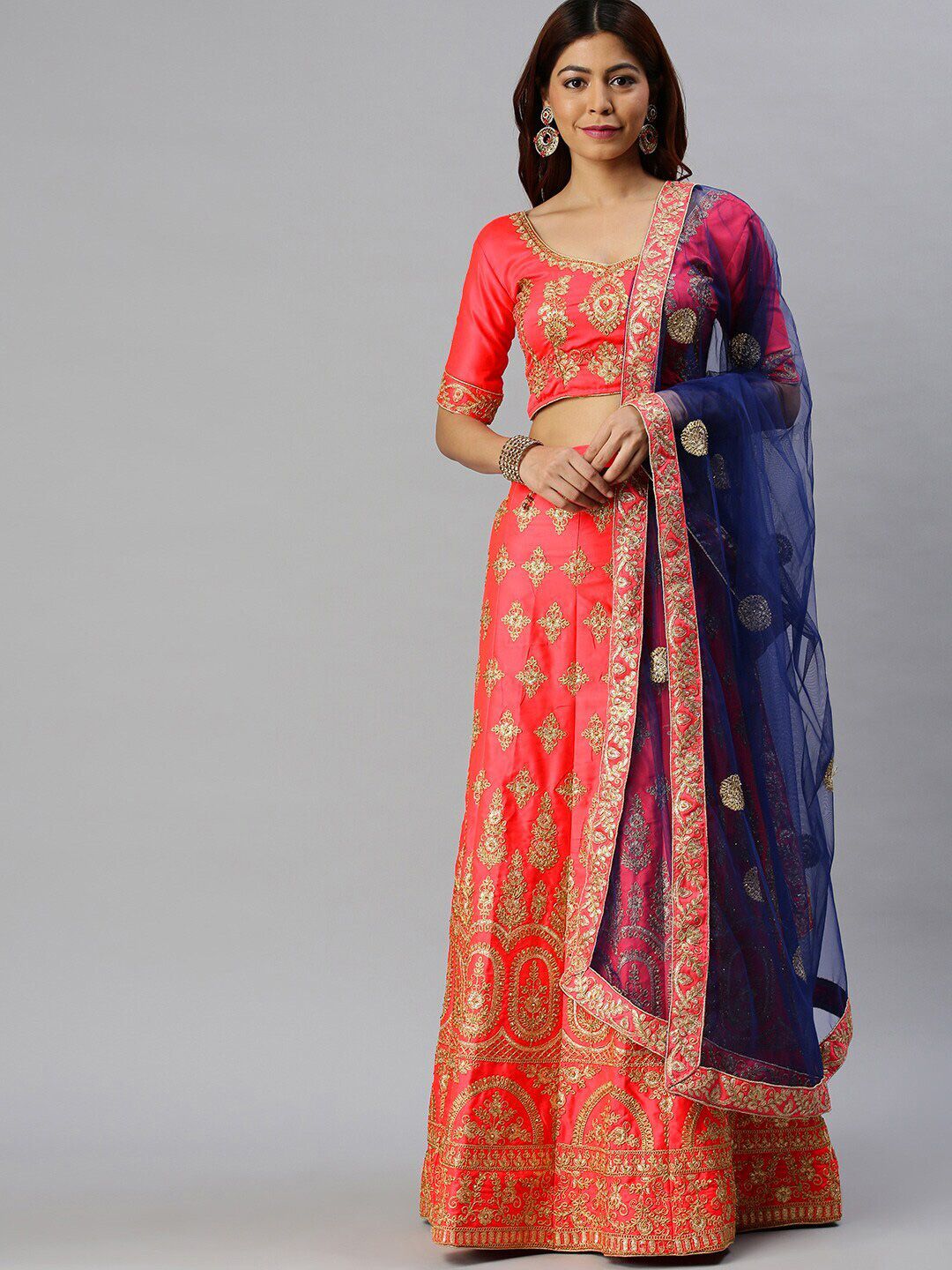 SHADOW & SAINING Pink & Blue Embroidered Semi-Stitched Lehenga Unstitched Blouse With Dupatta Price in India