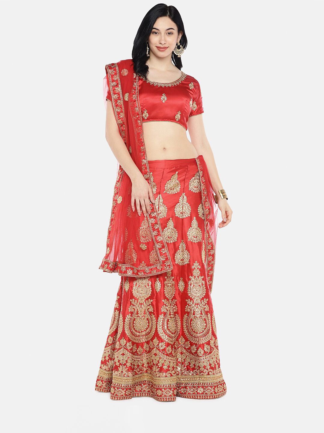 SHADOW & SAINING Red & Gold-Toned Embroidered Semi-Stitched Lehenga Unstitched Blouse With Dupatta Price in India