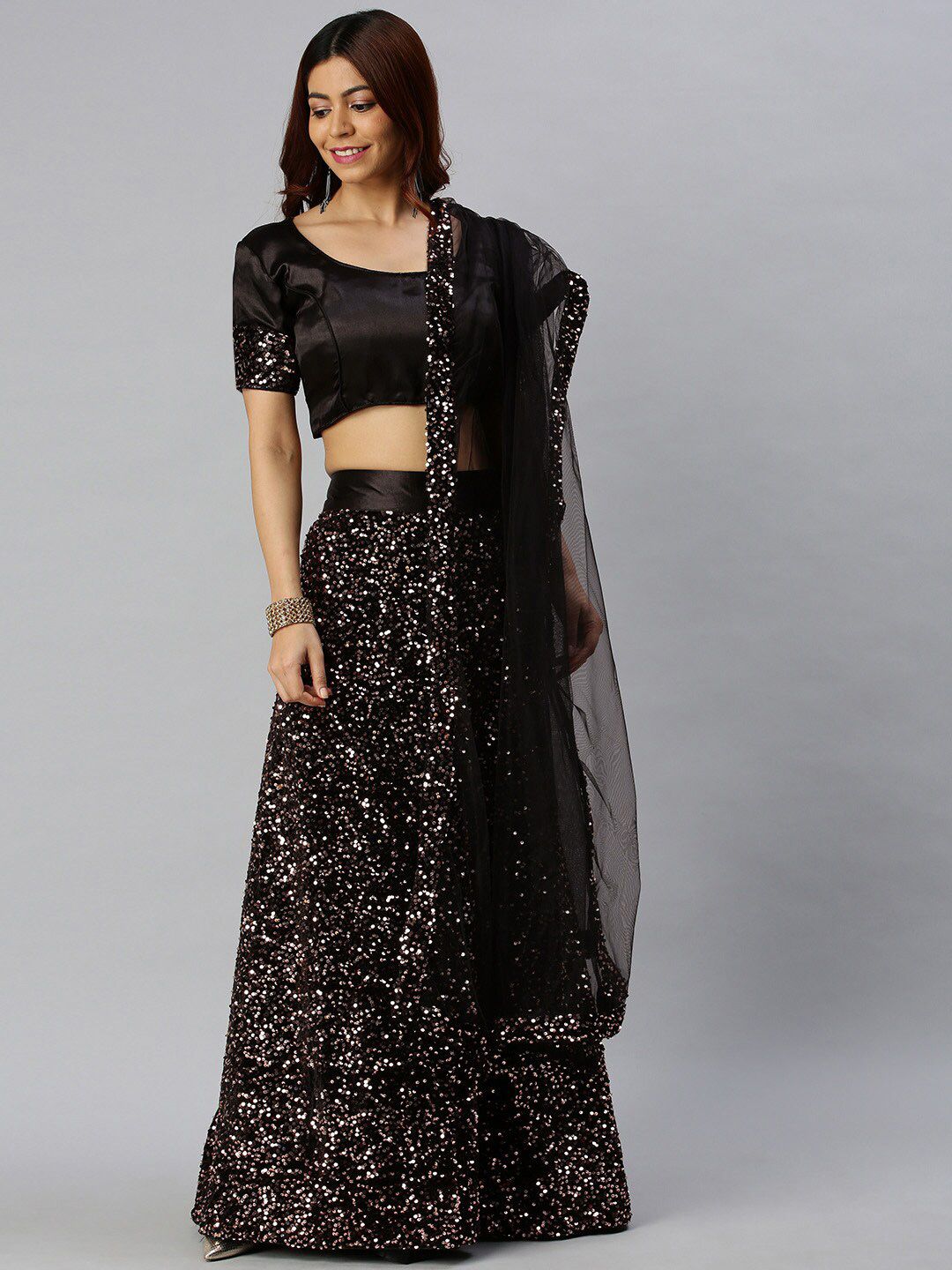 SHADOW & SAINING Black Embellished Sequinned Semi-Stitched Lehenga Unstitched Blouse With Dupatta Price in India