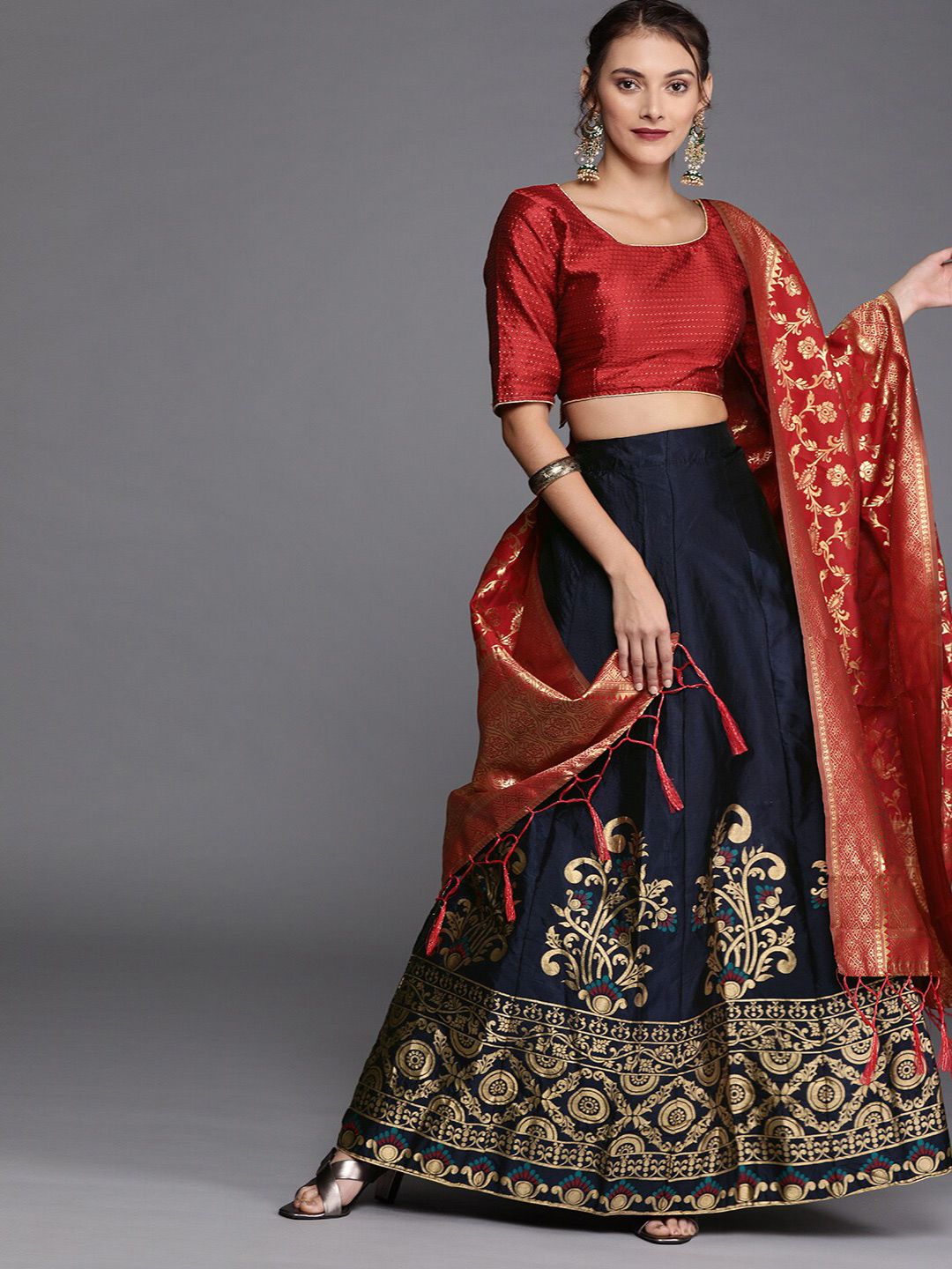 SHADOW & SAINING Navy Blue & Red Semi-Stitched Lehenga Unstitched Blouse With Dupatta Price in India