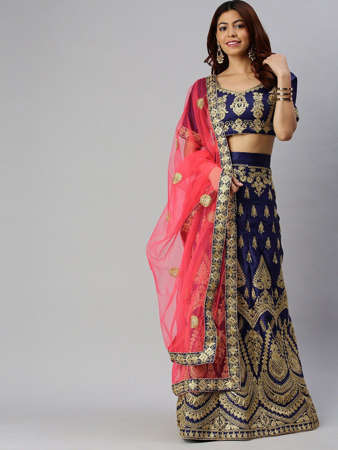 SHADOW & SAINING Blue & Pink Embroidered Semi-Stitched Lehenga Unstitched Blouse With Dupatta Price in India