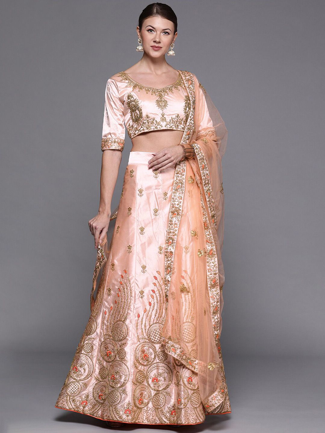 SHADOW & SAINING Pink & Gold-Toned Embroidered Semi-Stitched Lehenga Unstitched Blouse With Dupatta Price in India