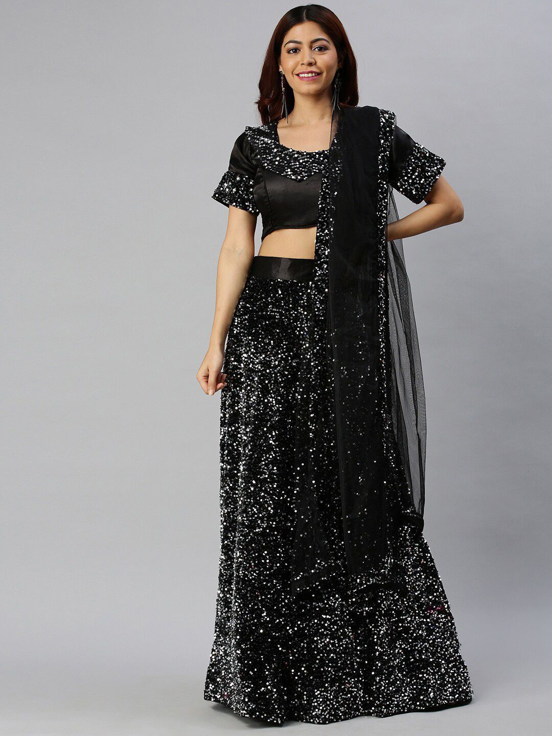 SHADOW & SAINING Black Embellished Sequinned Semi-Stitched Lehenga Unstitched Blouse With Dupatta Price in India