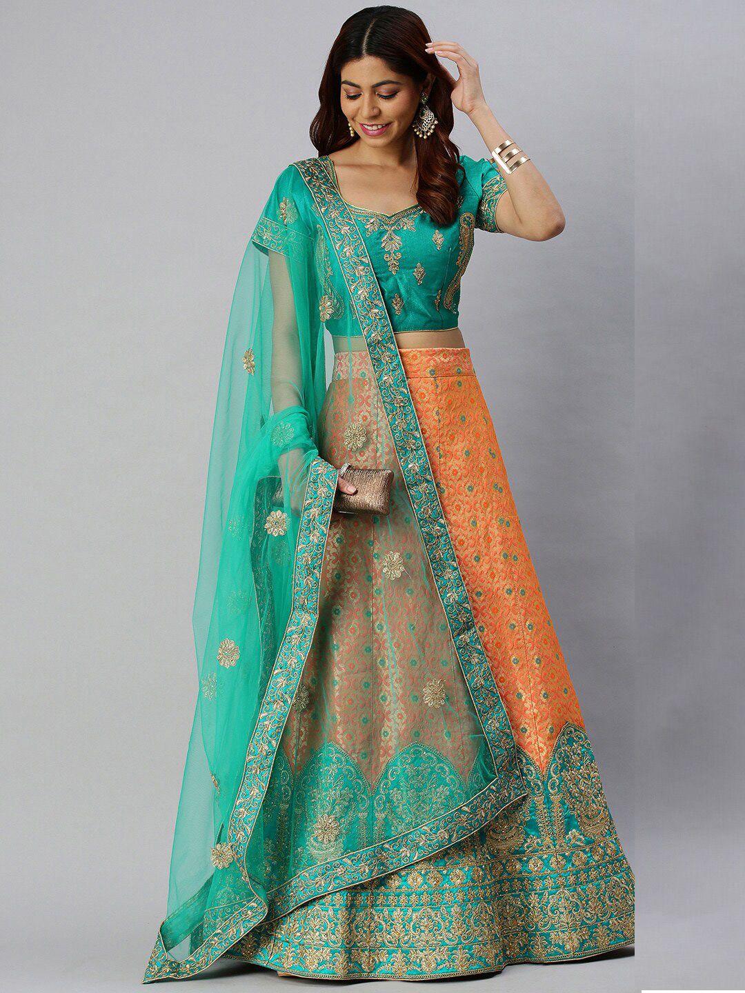 SHADOW & SAINING Peach-Coloured & Green Embroidered Semi-Stitched Lehenga Unstitched Blouse With Dupatta Price in India