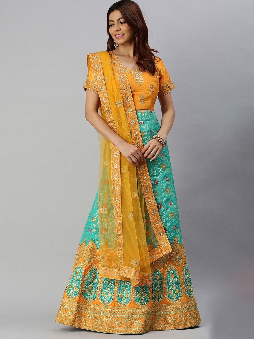 SHADOW & SAINING Green & Yellow Embroidered Semi-Stitched Lehenga Unstitched Blouse With Dupatta Price in India