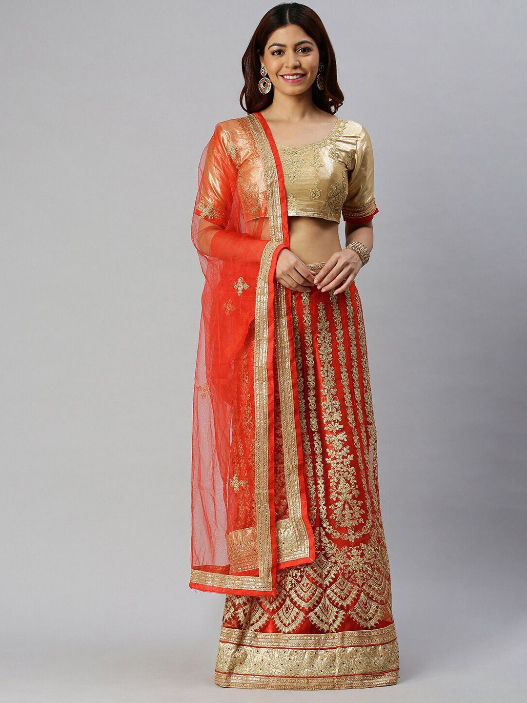 SHADOW & SAINING Red & Beige Embroidered Semi-Stitched Lehenga With Dupatta Price in India