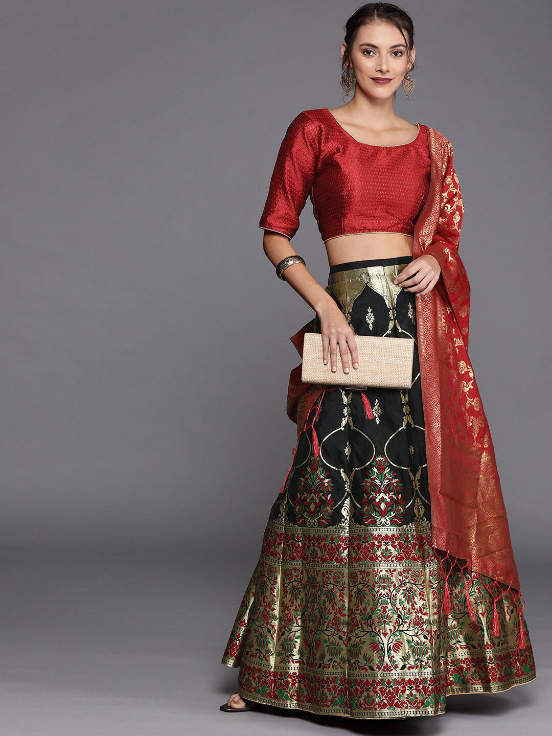 SHADOW & SAINING Black & Red Semi-Stitched Lehenga Unstitched Blouse With Dupatta Price in India