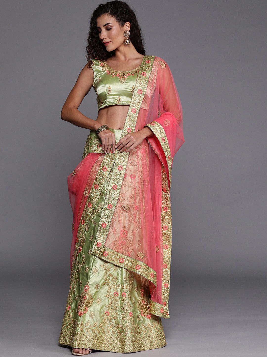 SHADOW & SAINING Green & Pink Embroidered Semi-Stitched Lehenga With Dupatta Price in India