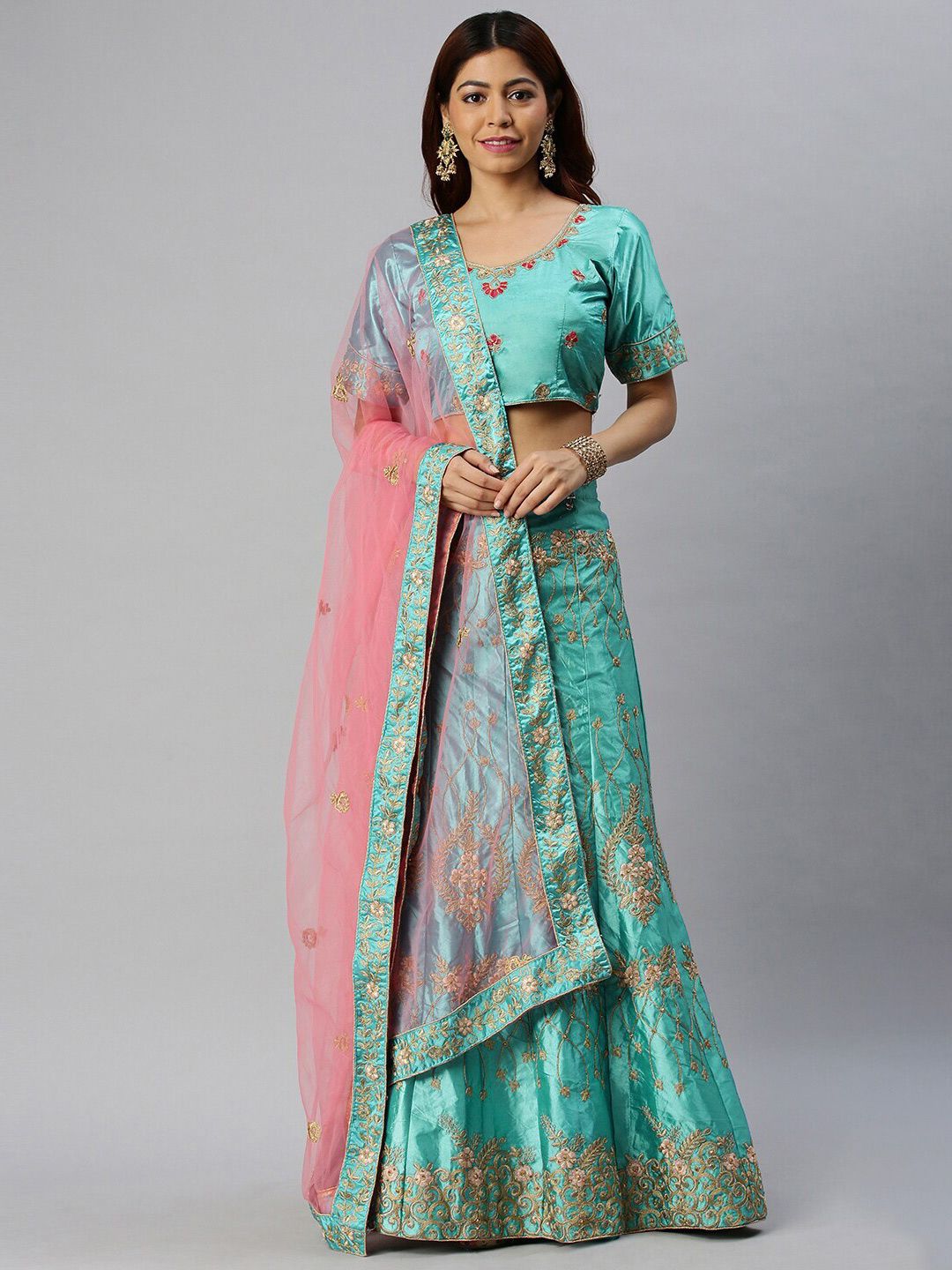 SHADOW & SAINING Blue & Peach-Coloured Embroidered Semi-Stitched Lehenga With Dupatta Price in India