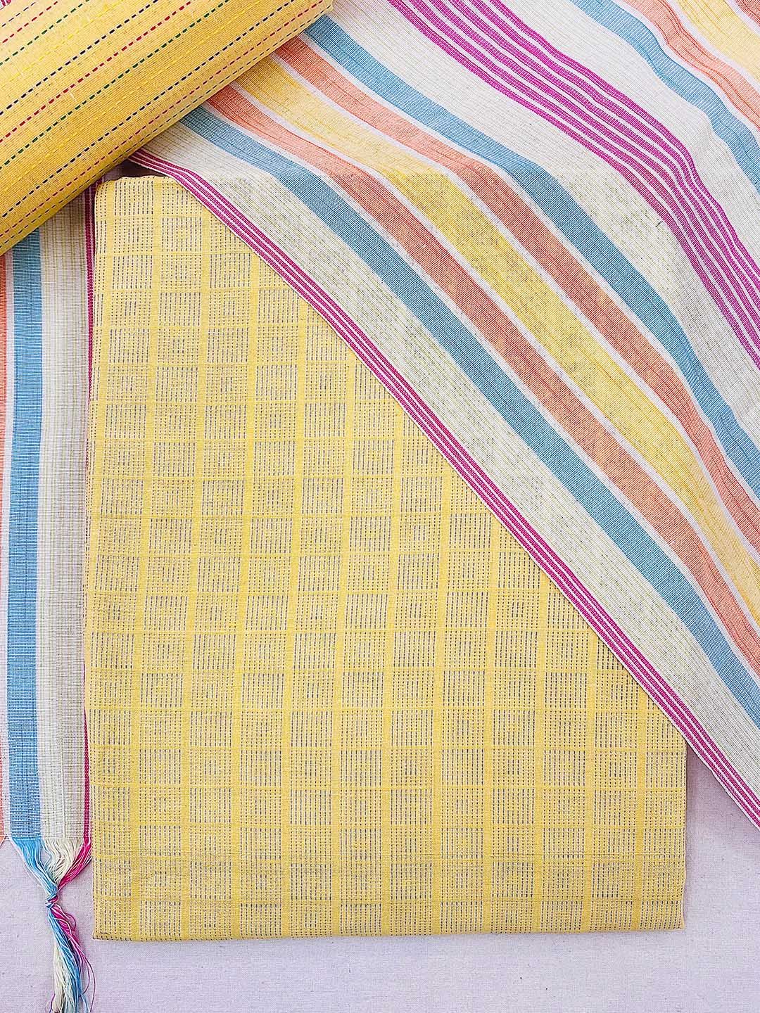 Kvsfab Women Yellow & Pink Handloom Cotton Unstitched Dress Material Price in India