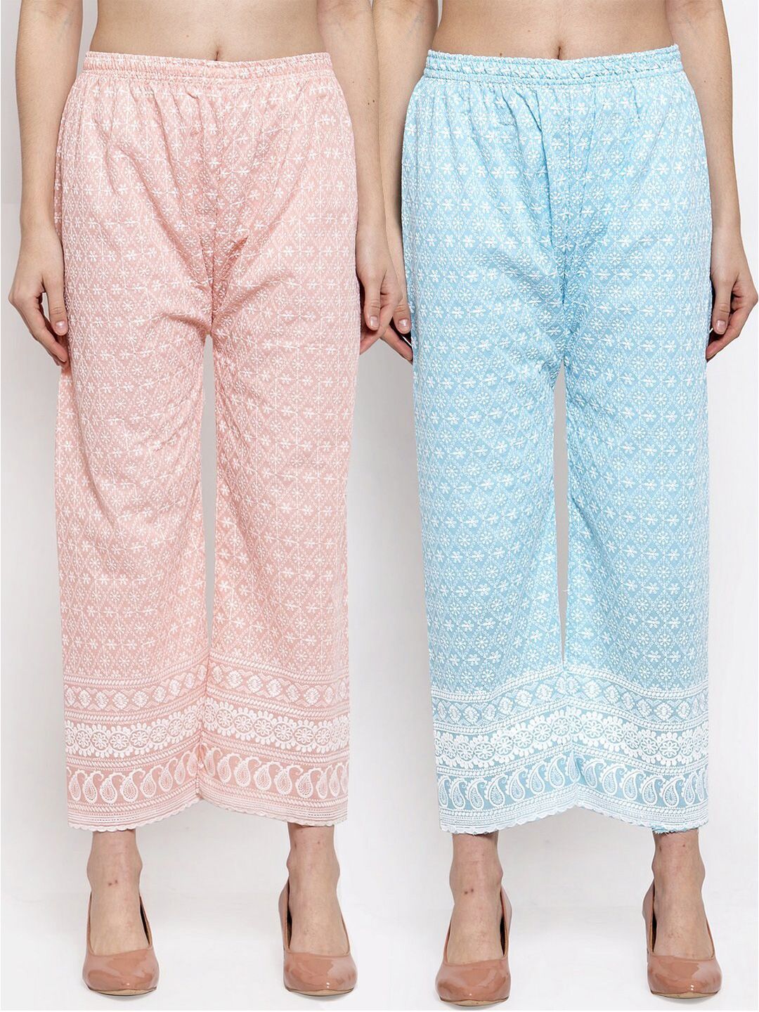 Miaz Lifestyle Pack of 2 Women Pink & Blue Floral Embroidered Cotton Palazzos Price in India