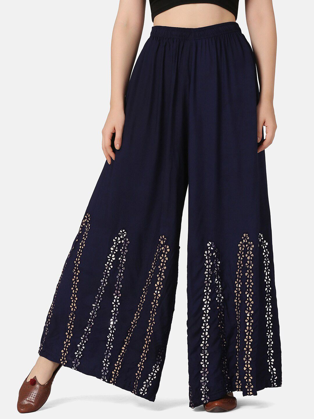 BUY NEW TREND Women Navy Blue Floral Embellished Knitted Ethnic Palazzos Price in India