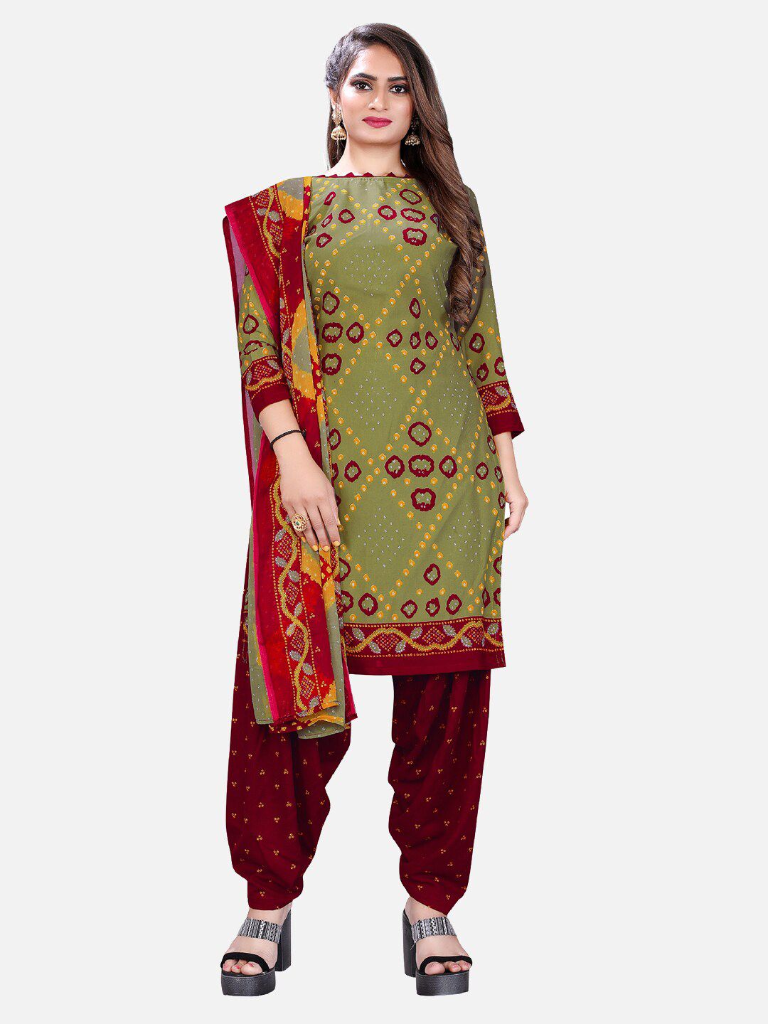 SALWAR STUDIO Green & Maroon Printed Unstitched Dress Material Price in India