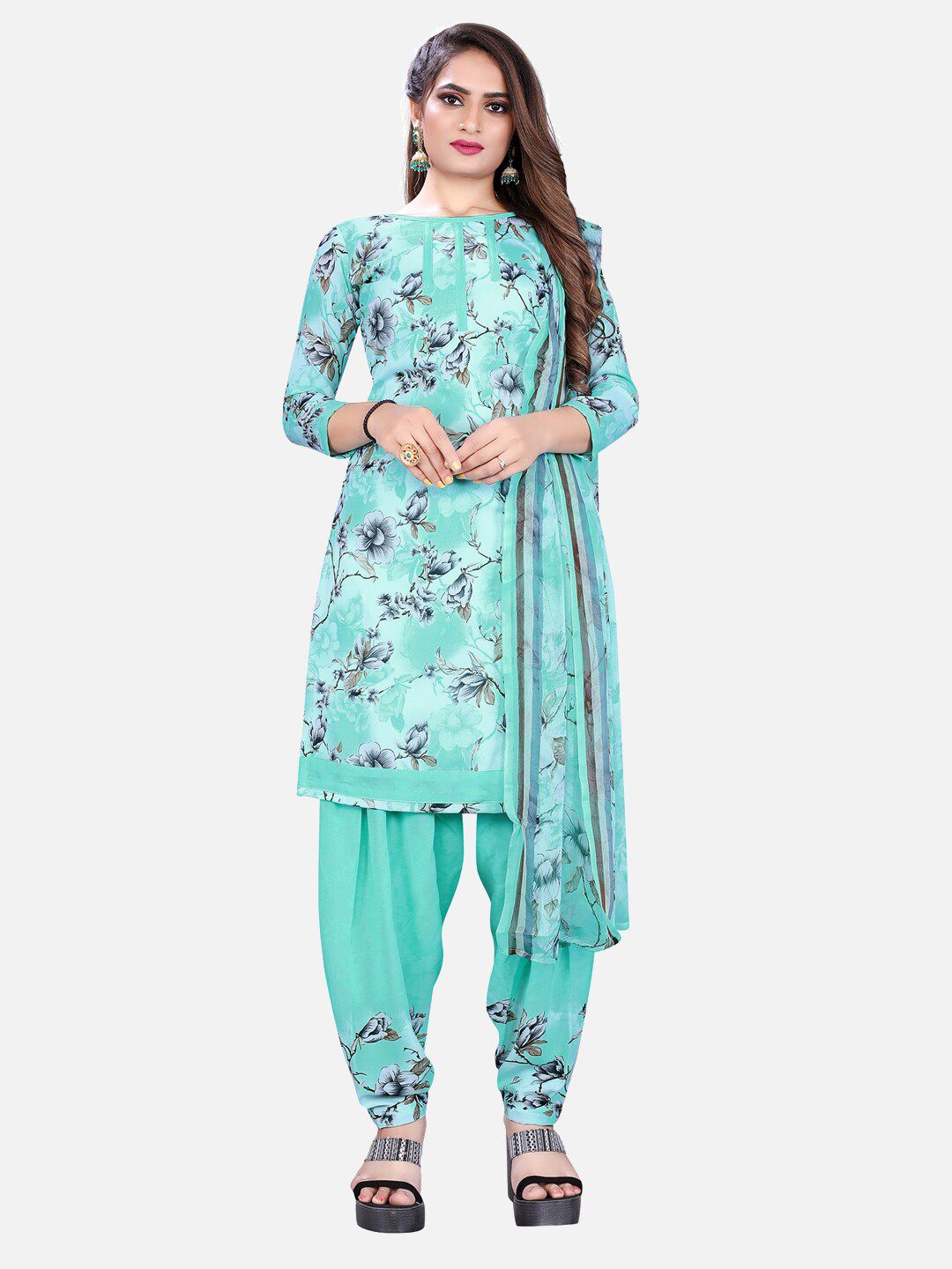 SALWAR STUDIO Blue & Grey Printed Unstitched Dress Material Price in India