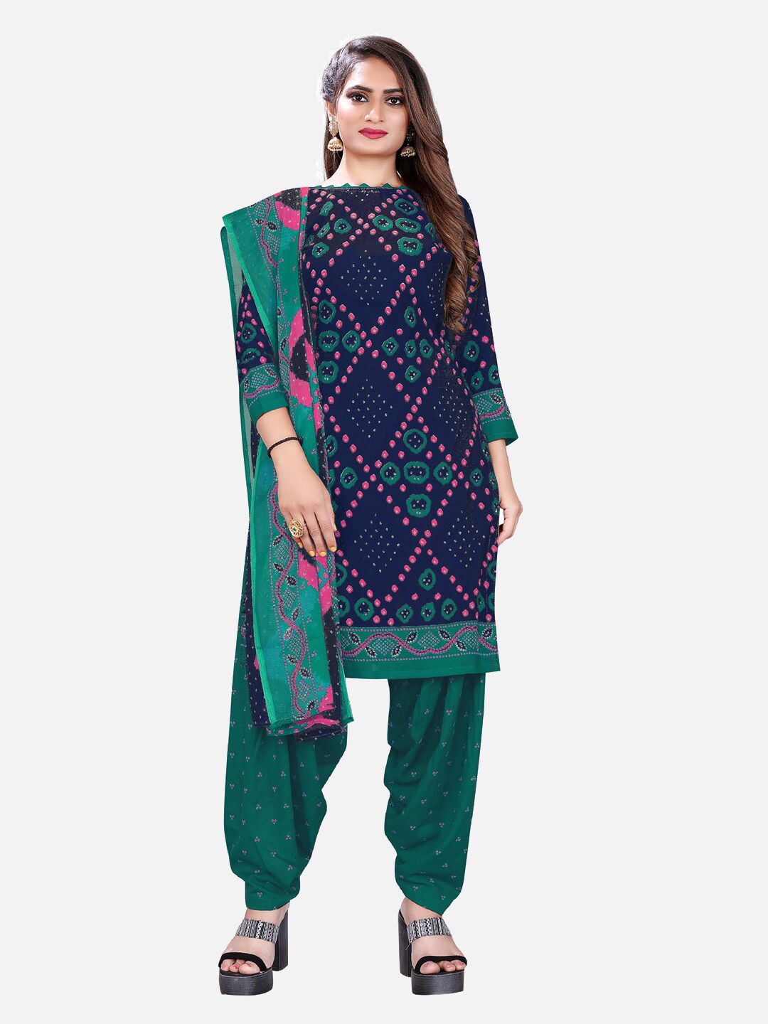 SALWAR STUDIO Blue & Green Printed Unstitched Dress Material Price in India