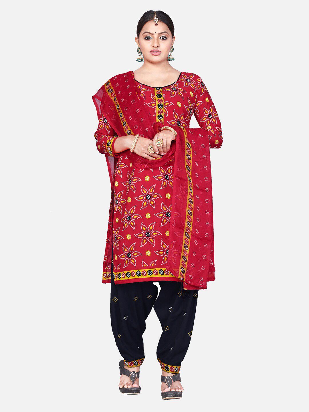 SALWAR STUDIO Red & Yellow Printed Unstitched Dress Material Price in India