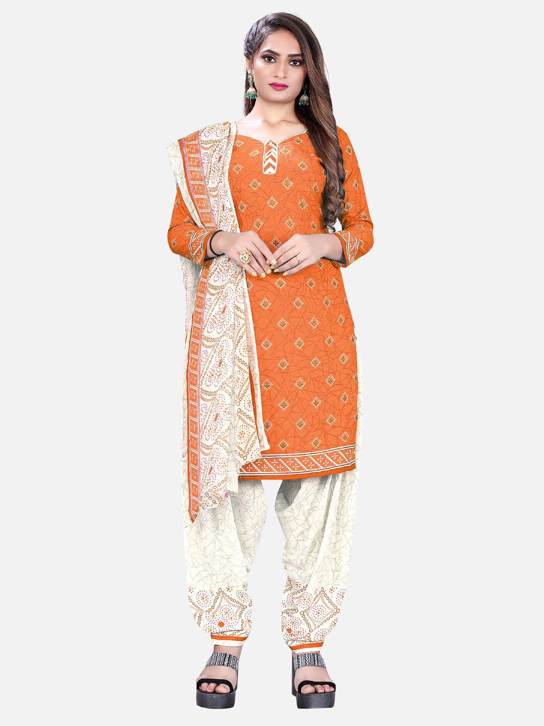 SALWAR STUDIO Orange & White Printed Unstitched Dress Material Price in India