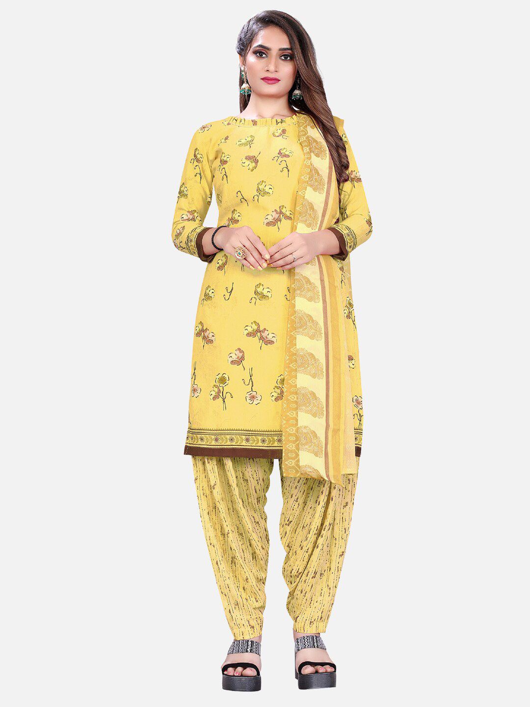 SALWAR STUDIO Yellow & Brown Printed Unstitched Dress Material Price in India