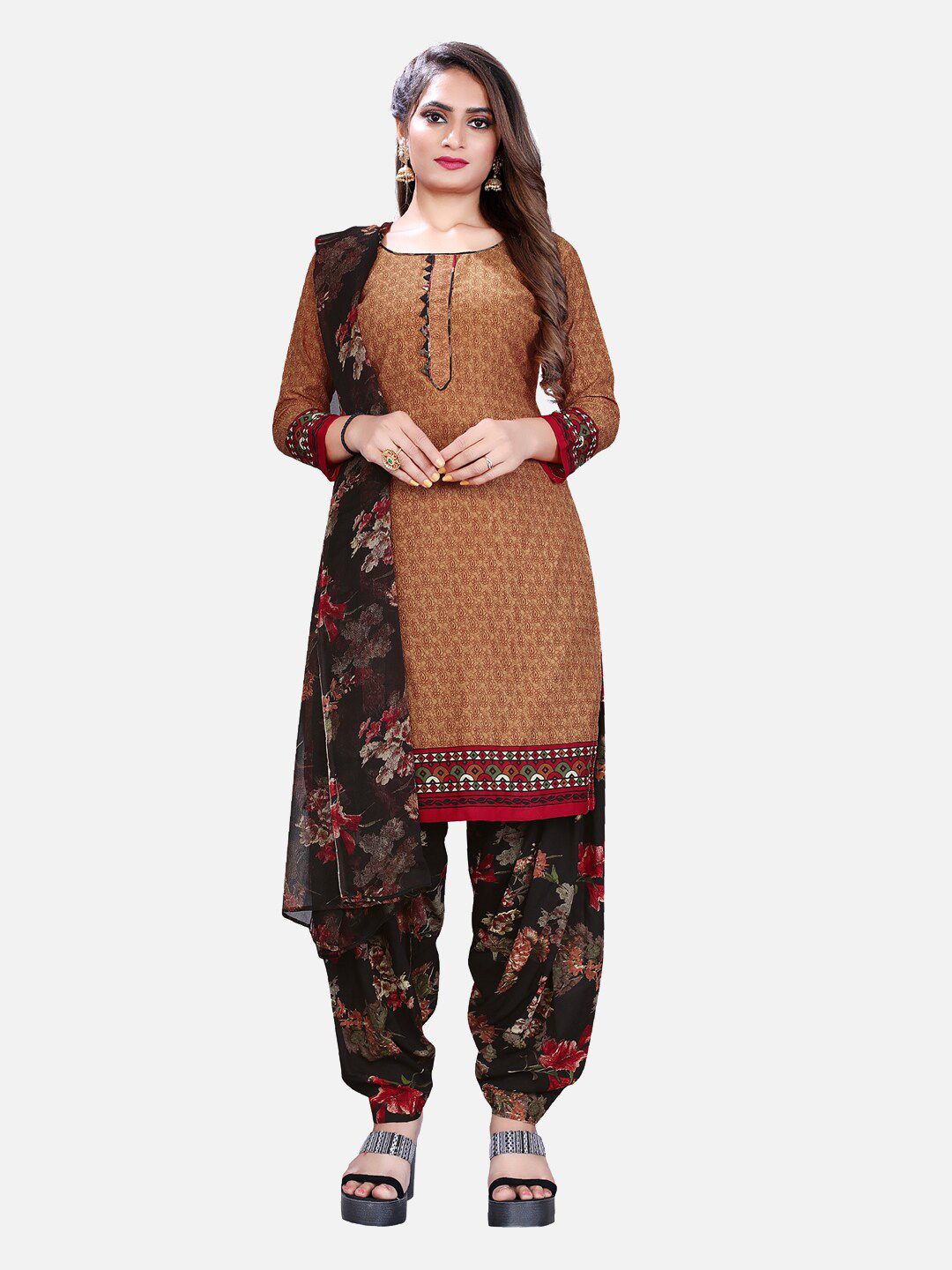 SALWAR STUDIO Brown & Black Printed Unstitched Dress Material Price in India