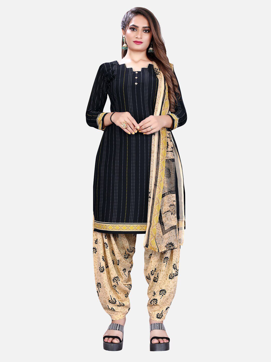 SALWAR STUDIO Black & Beige Printed Unstitched Dress Material Price in India