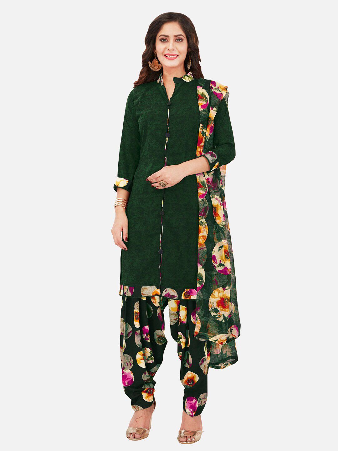 SALWAR STUDIO Green & Yellow Printed Unstitched Dress Material Price in India