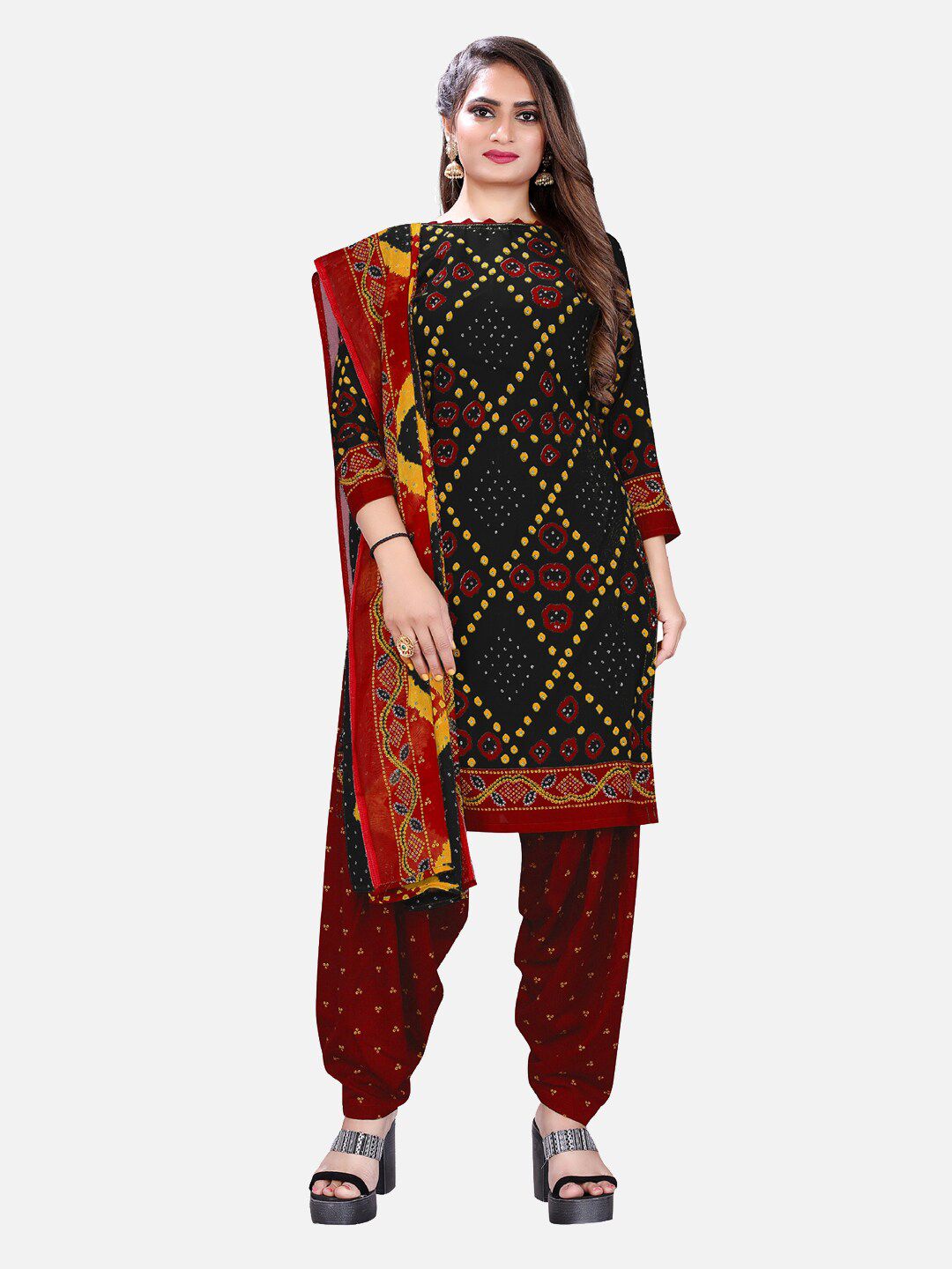 SALWAR STUDIO Black & Mustard Printed Unstitched Dress Material Price in India