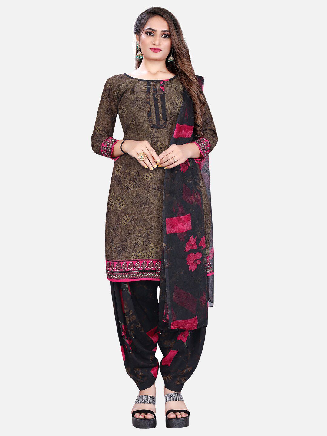 SALWAR STUDIO Brown & Pink Printed Unstitched Dress Material Price in India