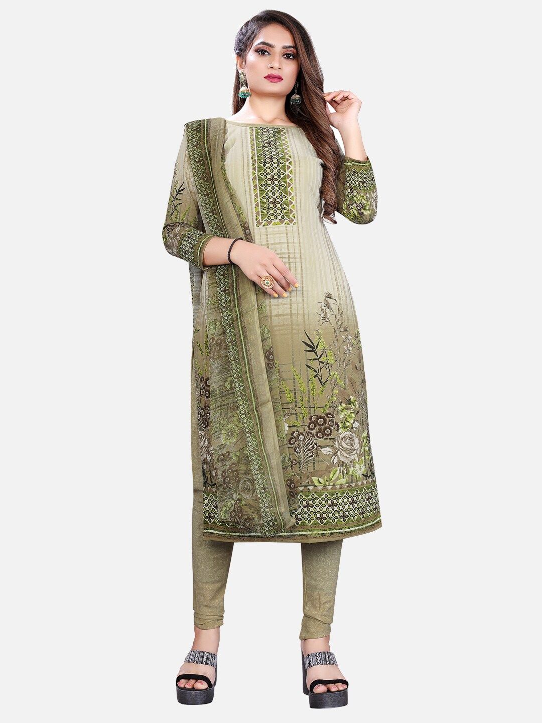 SALWAR STUDIO Green & Brown Printed Unstitched Dress Material Price in India
