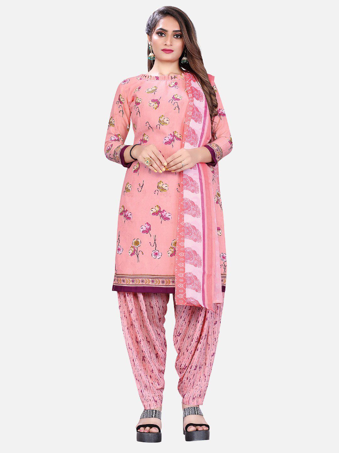 SALWAR STUDIO Pink & Green Printed Unstitched Dress Material Price in India