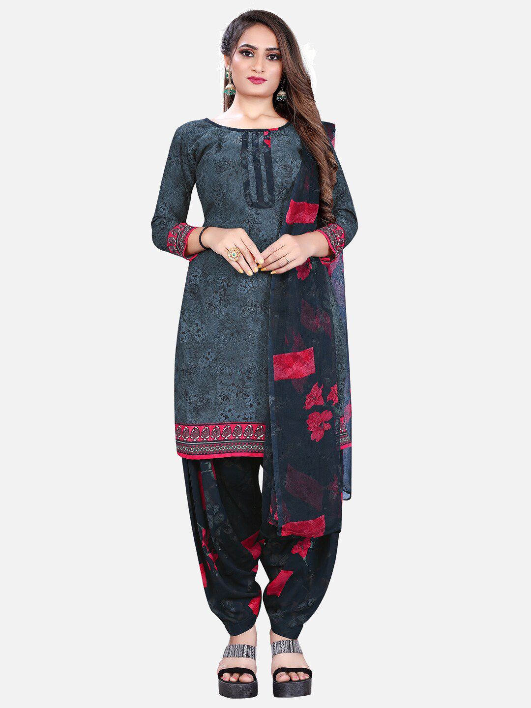 SALWAR STUDIO Grey & Pink Printed Unstitched Dress Material Price in India