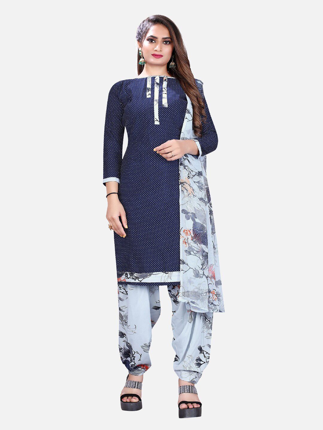 SALWAR STUDIO Blue & Red Printed Unstitched Dress Material Price in India