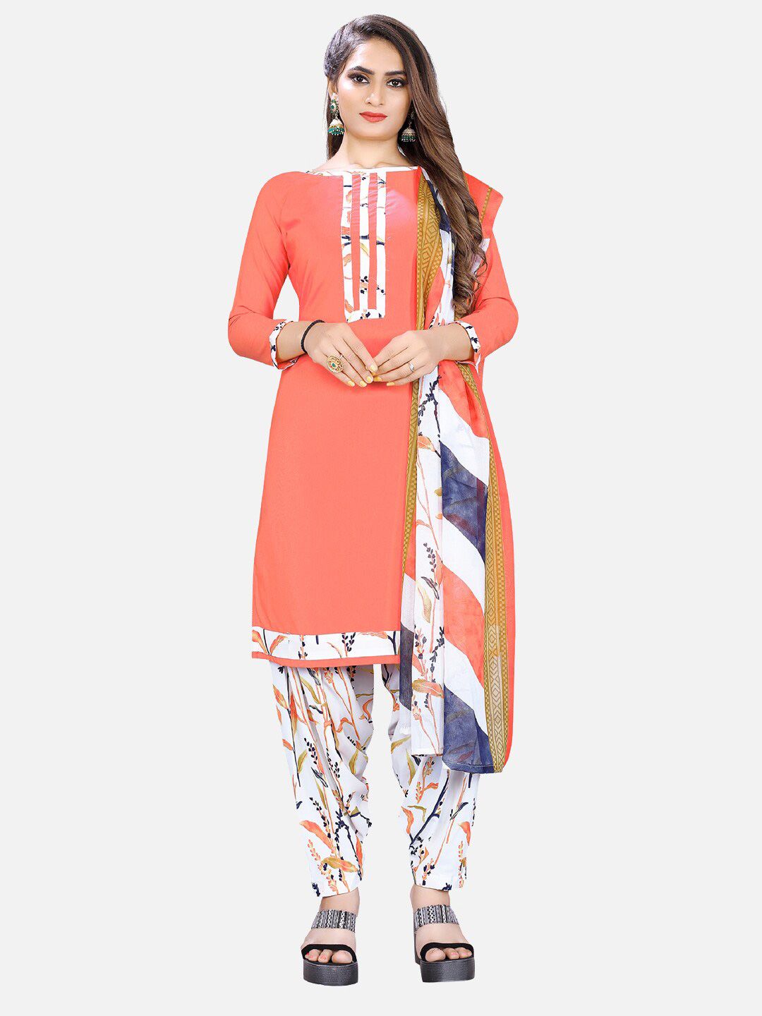SALWAR STUDIO Orange & White Printed Unstitched Dress Material Price in India