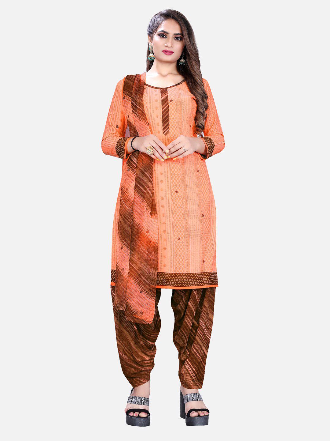 SALWAR STUDIO Orange & Brown Printed Unstitched Dress Material Price in India