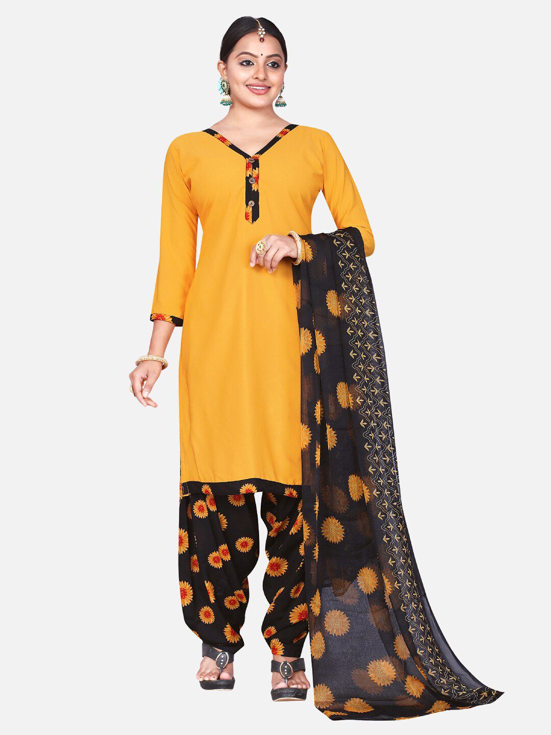 SALWAR STUDIO Yellow & Black Printed Unstitched Dress Material Price in India