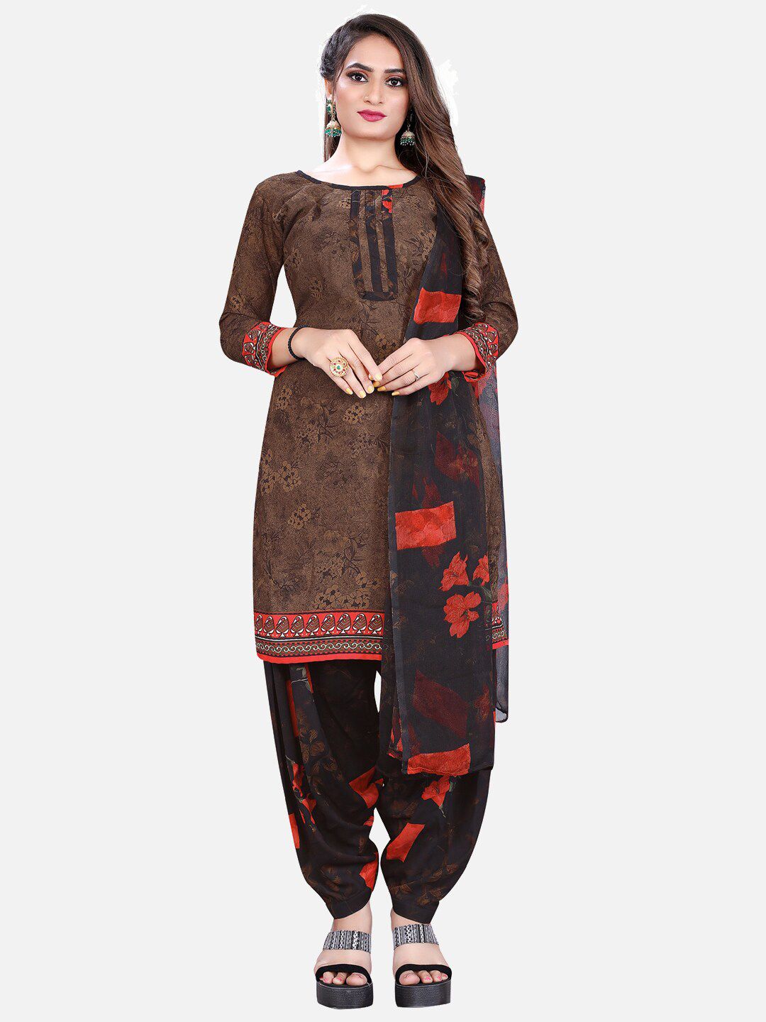 SALWAR STUDIO Brown & Red Printed Unstitched Dress Material Price in India