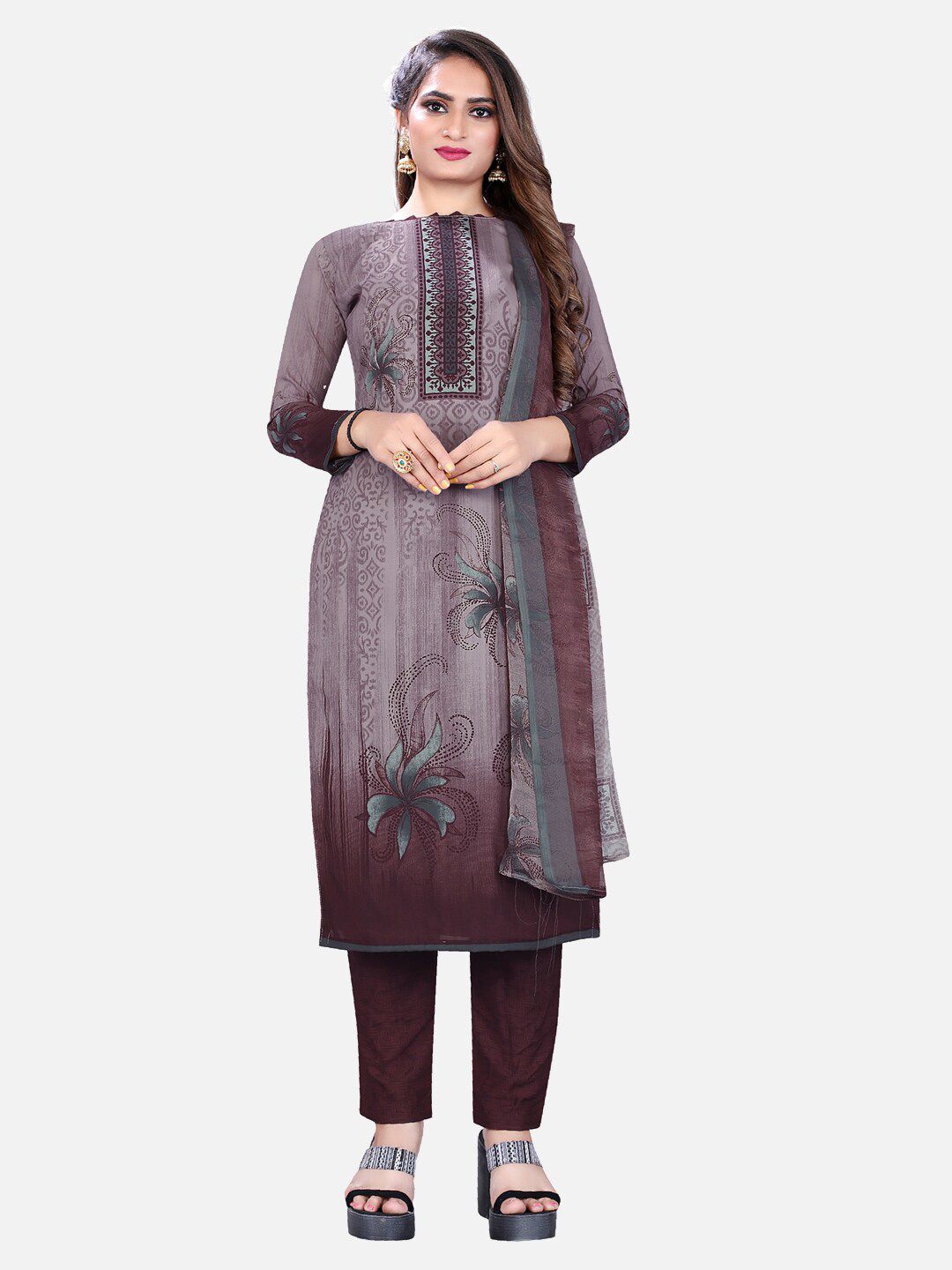 SALWAR STUDIO Grey & Brown Printed Unstitched Dress Material Price in India