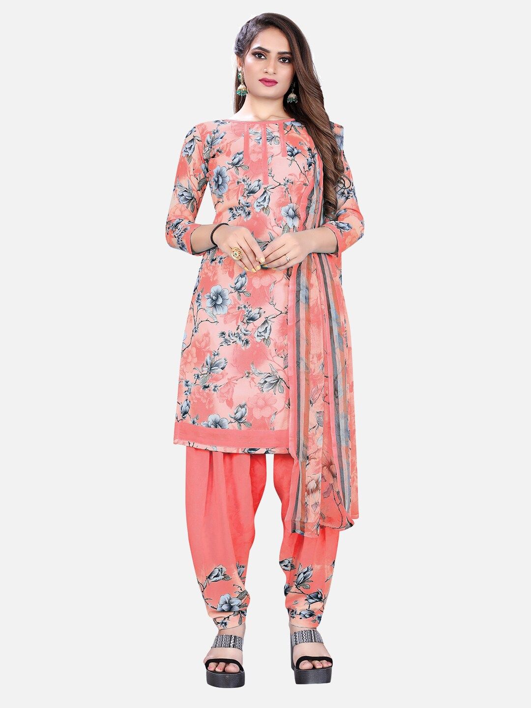 SALWAR STUDIO Orange & Blue Printed Unstitched Dress Material Price in India