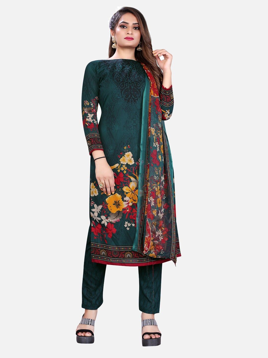 SALWAR STUDIO Green & Mustard Printed Unstitched Dress Material Price in India