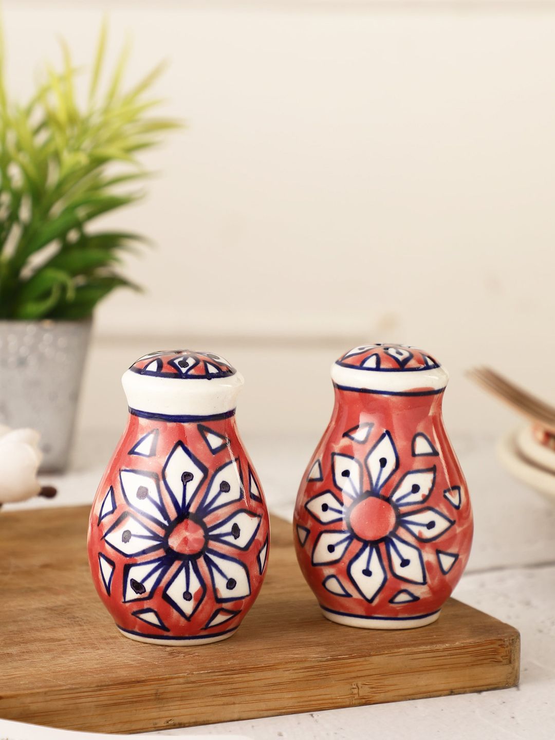 MIAH Decor Set Of 2 Red & White Ceramic Salt and Pepper Shakers Price in India