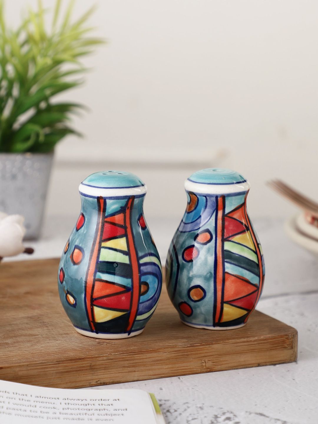 MIAH Decor Set Of 2 Teal Blue Printed Ceramic Salt and Pepper Shaker Price in India