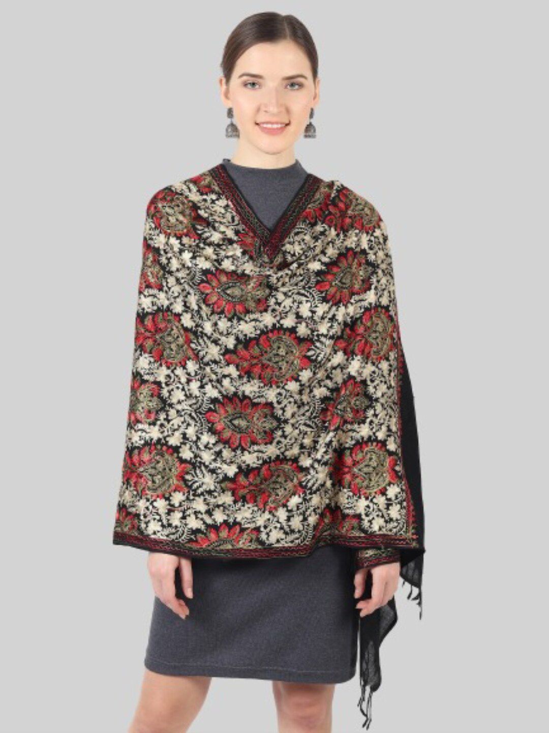 MUFFLY Women Black, Cream & Red Embroidered Stole Price in India
