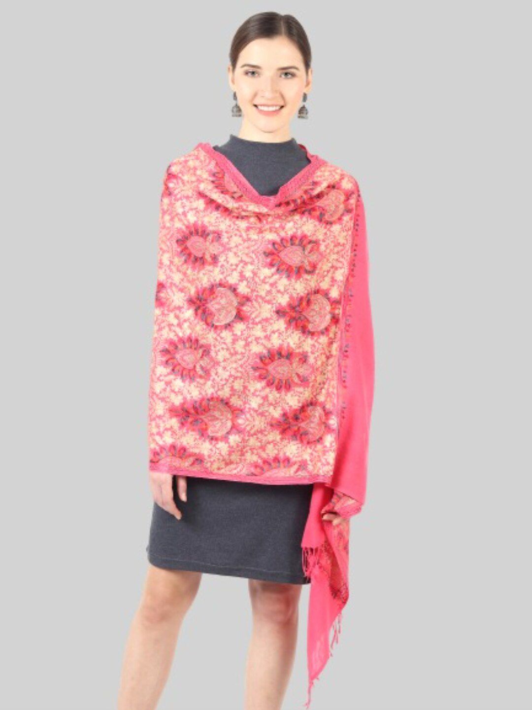 MUFFLY Women Pink & Cream Embroidered Wool Stole Price in India