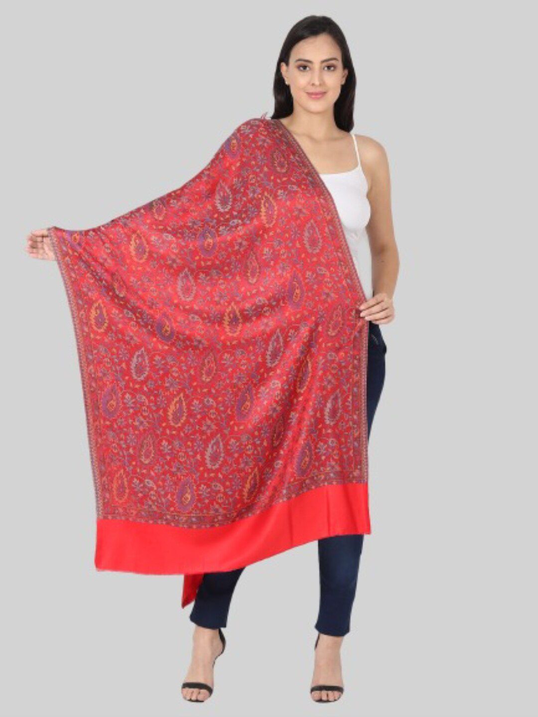 MUFFLY Women Peach-Coloured & Red Embroidered Stole Price in India